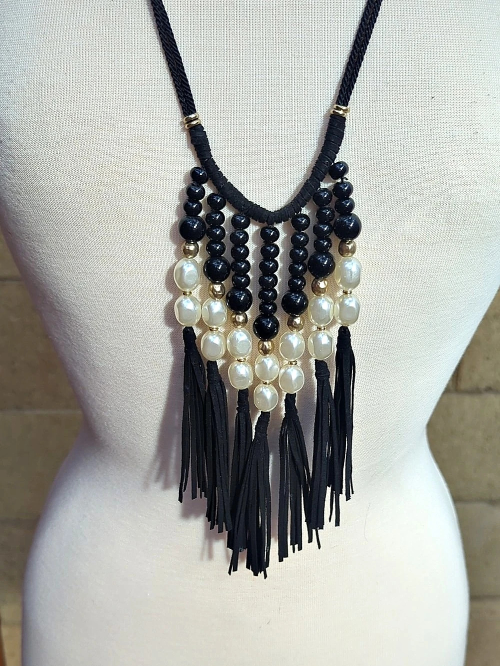 Chico's Beaded Fringe Statement Necklace in Black & White